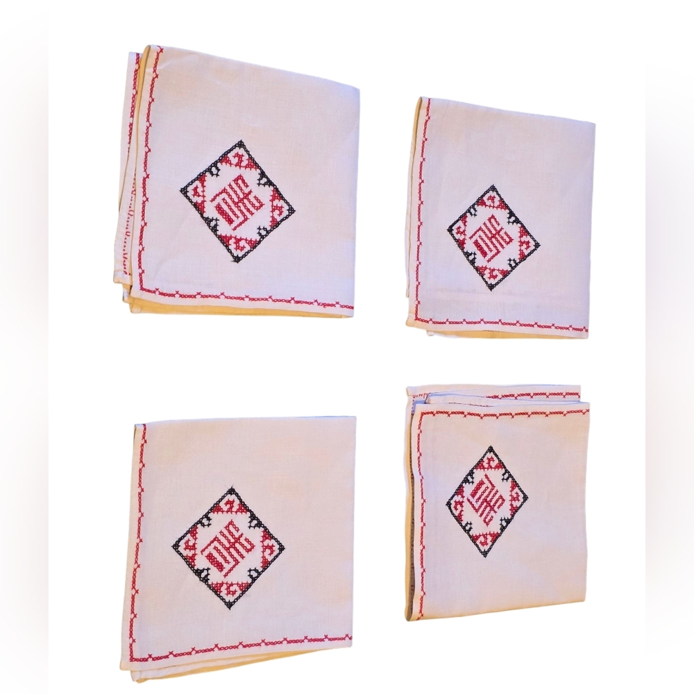 Vintage Handmade Chinese Crossstich Napkins Set Of 4  White, Black & Red 10.5"